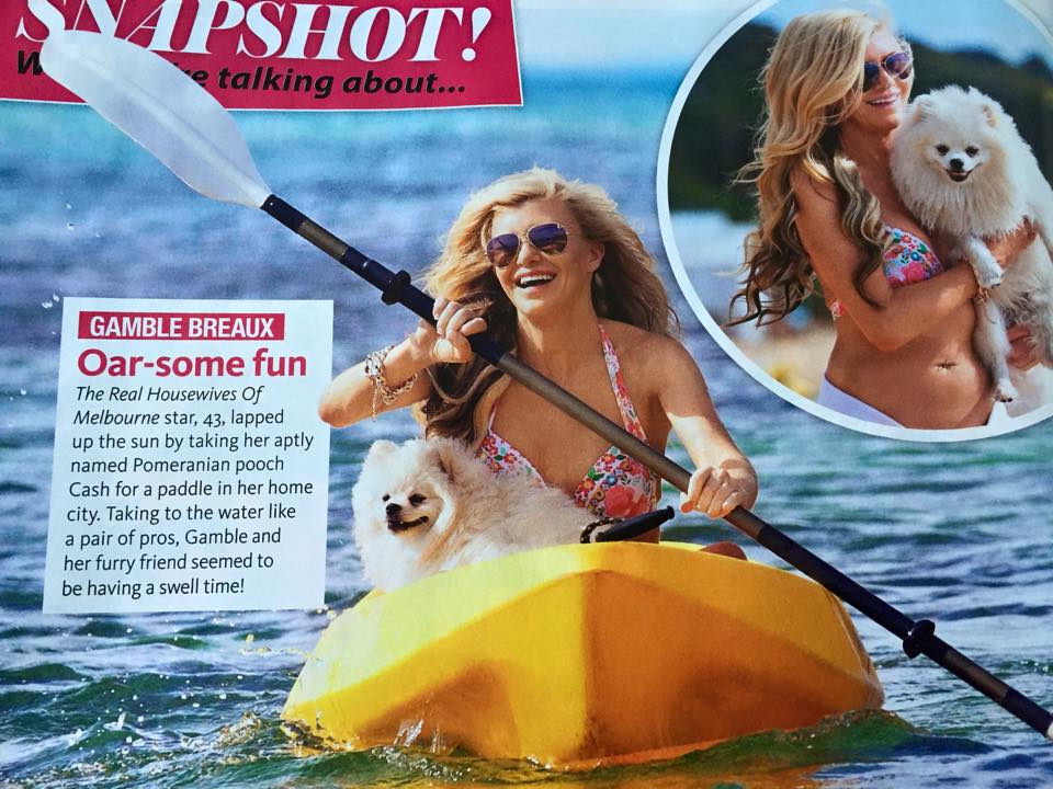 Real Housewives of Melbourne Star, Gamble Breaux and her Dochlaggie Pomeranian appears in Woman's Day Magazine.